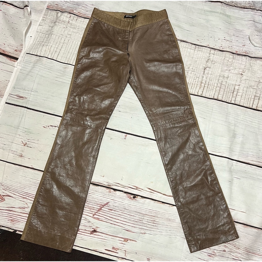 DKNY women’s 100% leather boot cut tuxedo trim pants size 6 Brown Vintage Y2K